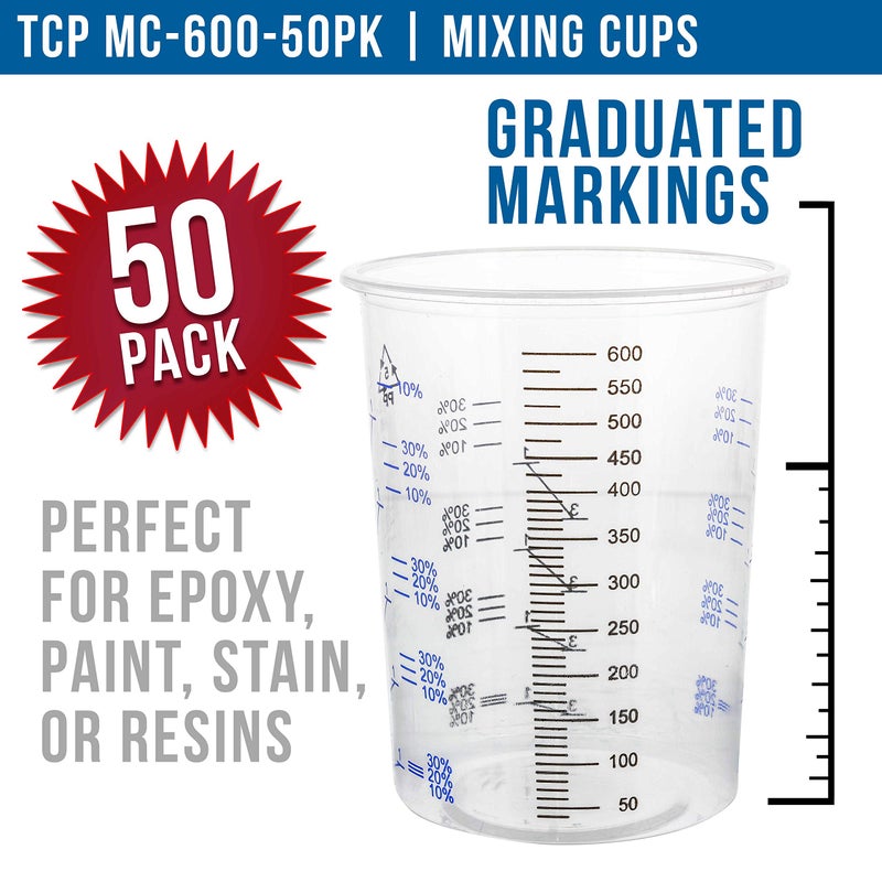 TCP Global 20 Ounce (600ml) Disposable Flexible Clear Graduated Plastic Mixing Cups - Box of 50 Cups - Use for Paint, Resin, Epoxy, Art, Kitchen, Cooking, Baking - Measuring Ratios 2-1, 3-1, 4-1, ML - Image 2